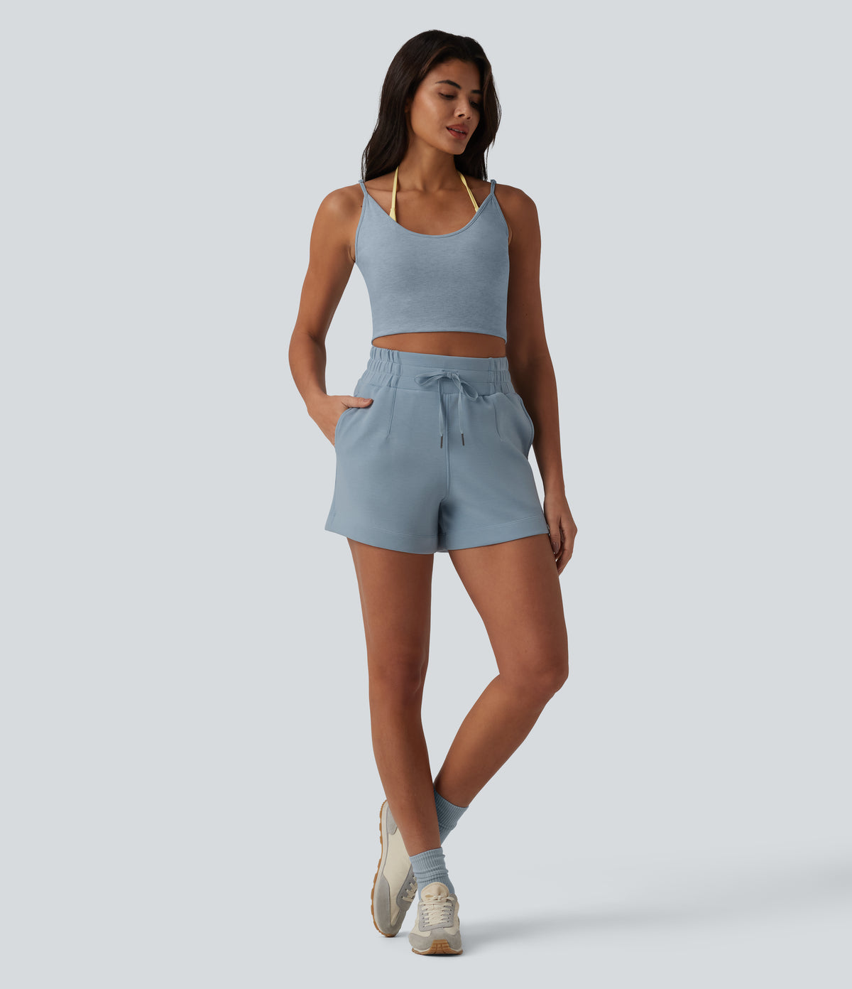 SpacerTek High Waisted Drawstring Casual Shorts 4'' with Pockets — Dusty Blue — view 5