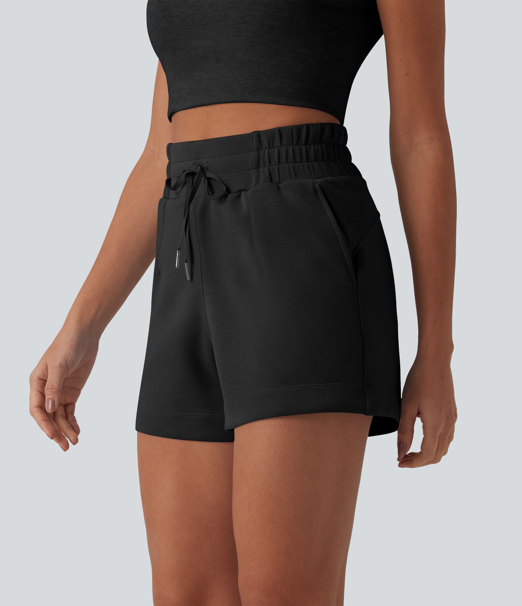 SpacerTek High Waisted Drawstring Casual Shorts 4'' with Pockets — Black — view 6