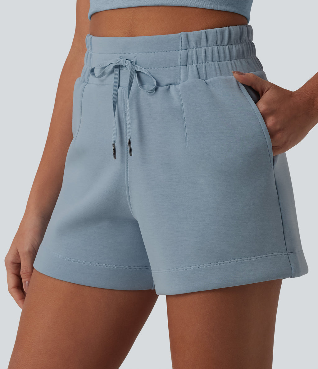 SpacerTek High Waisted Drawstring Casual Shorts 4'' with Pockets — Dusty Blue — view 4
