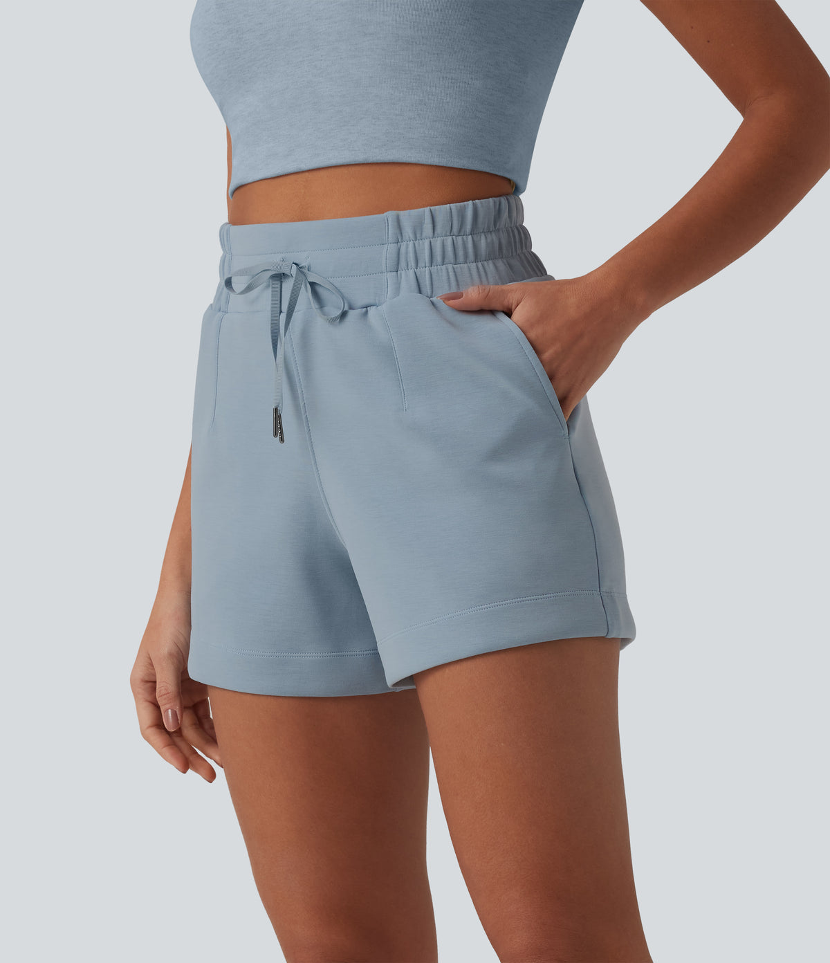 SpacerTek High Waisted Drawstring Casual Shorts 4'' with Pockets — Dusty Blue — view 1