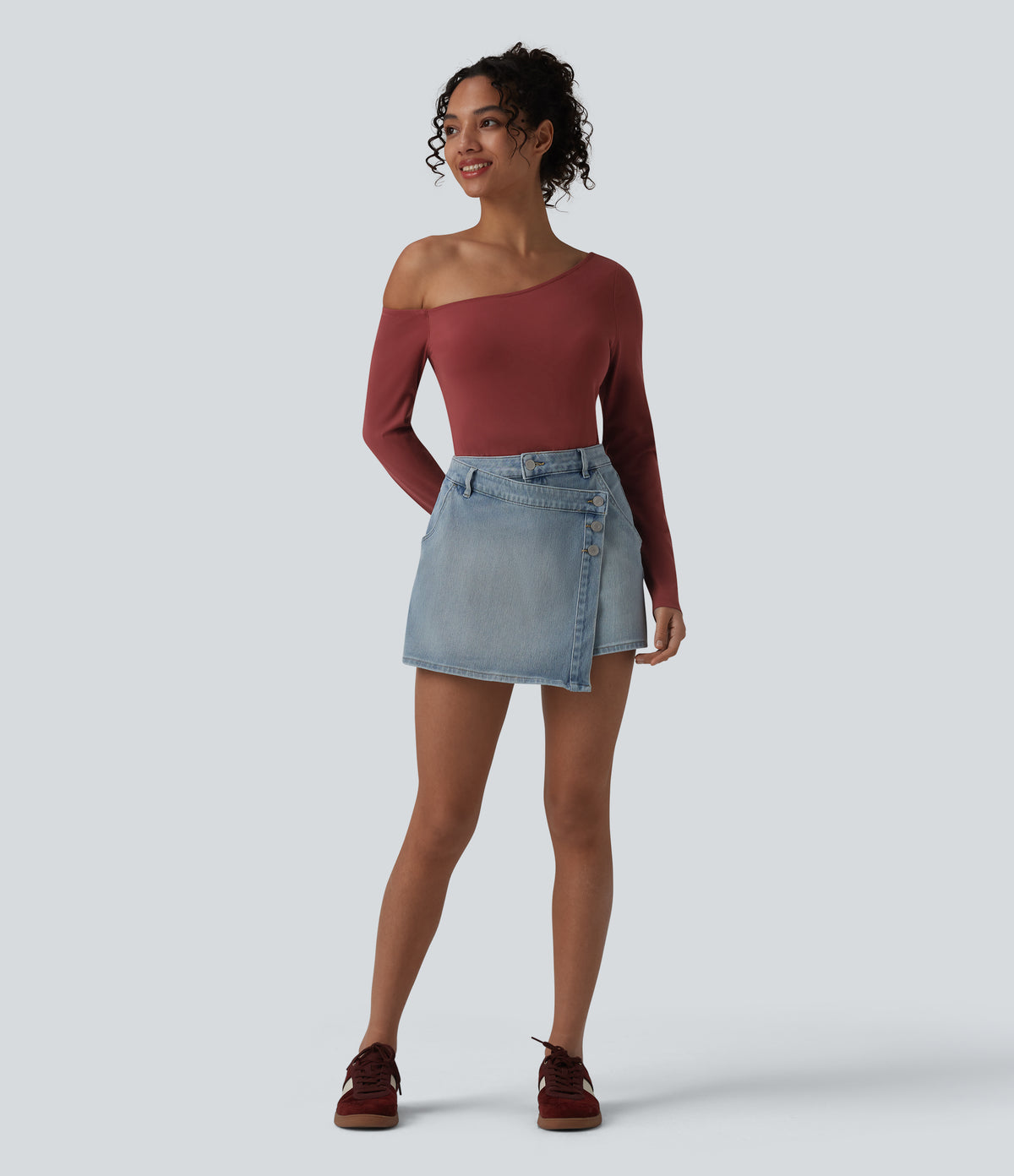 Airy One Shoulder Long Sleeve Built-in Bra InstantCool Casual Bodysuit — Madder Brown — view 5