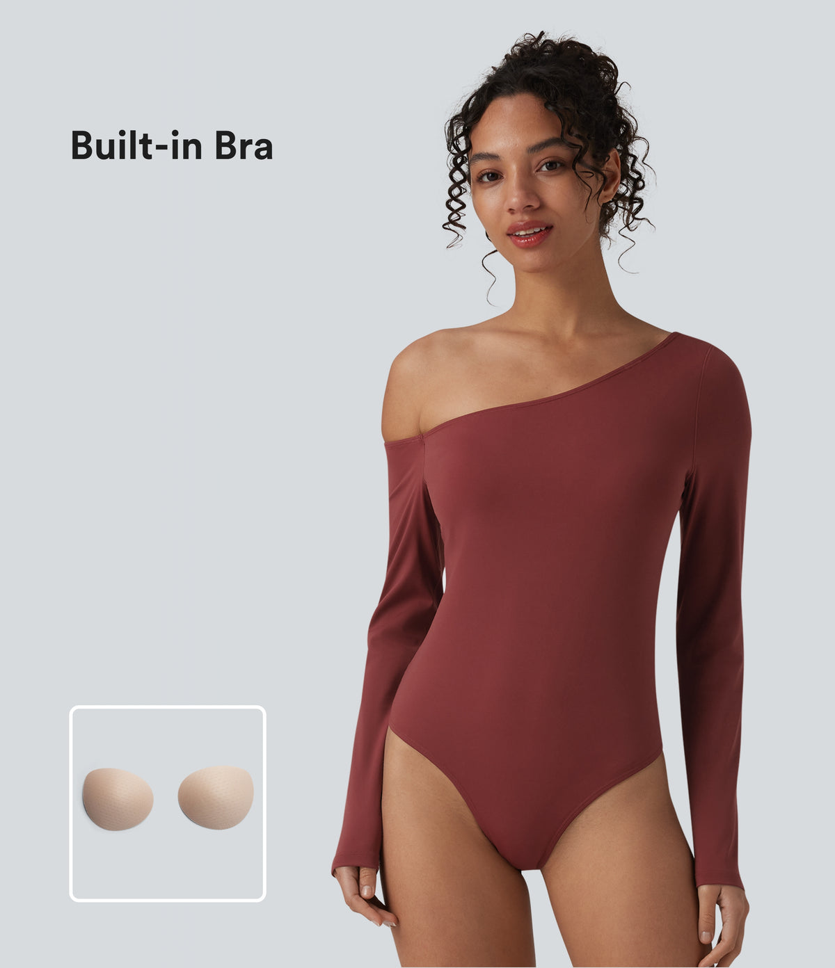 Airy One Shoulder Long Sleeve Built-in Bra InstantCool Casual Bodysuit — Madder Brown — view 1