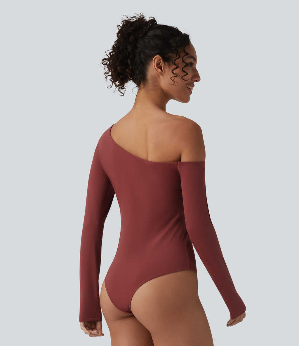 Airy One Shoulder Long Sleeve Built-in Bra InstantCool Casual Bodysuit — Madder Brown — view 2