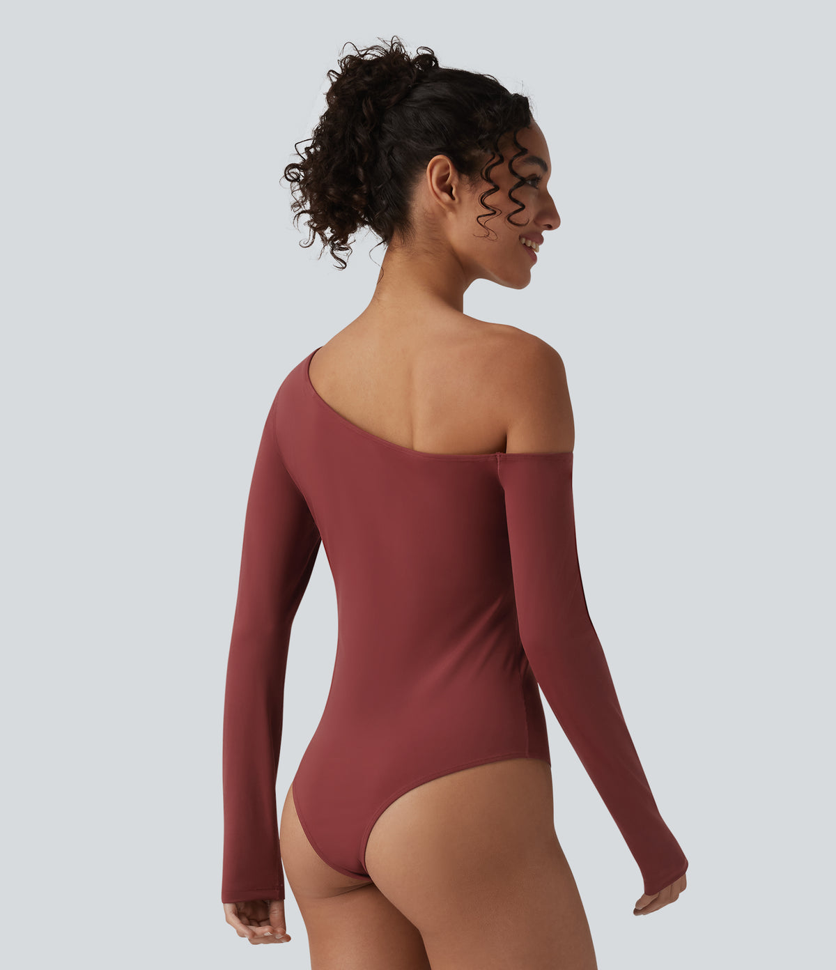 Airy One Shoulder Long Sleeve Built-in Bra InstantCool Casual Bodysuit — Madder Brown — view 2