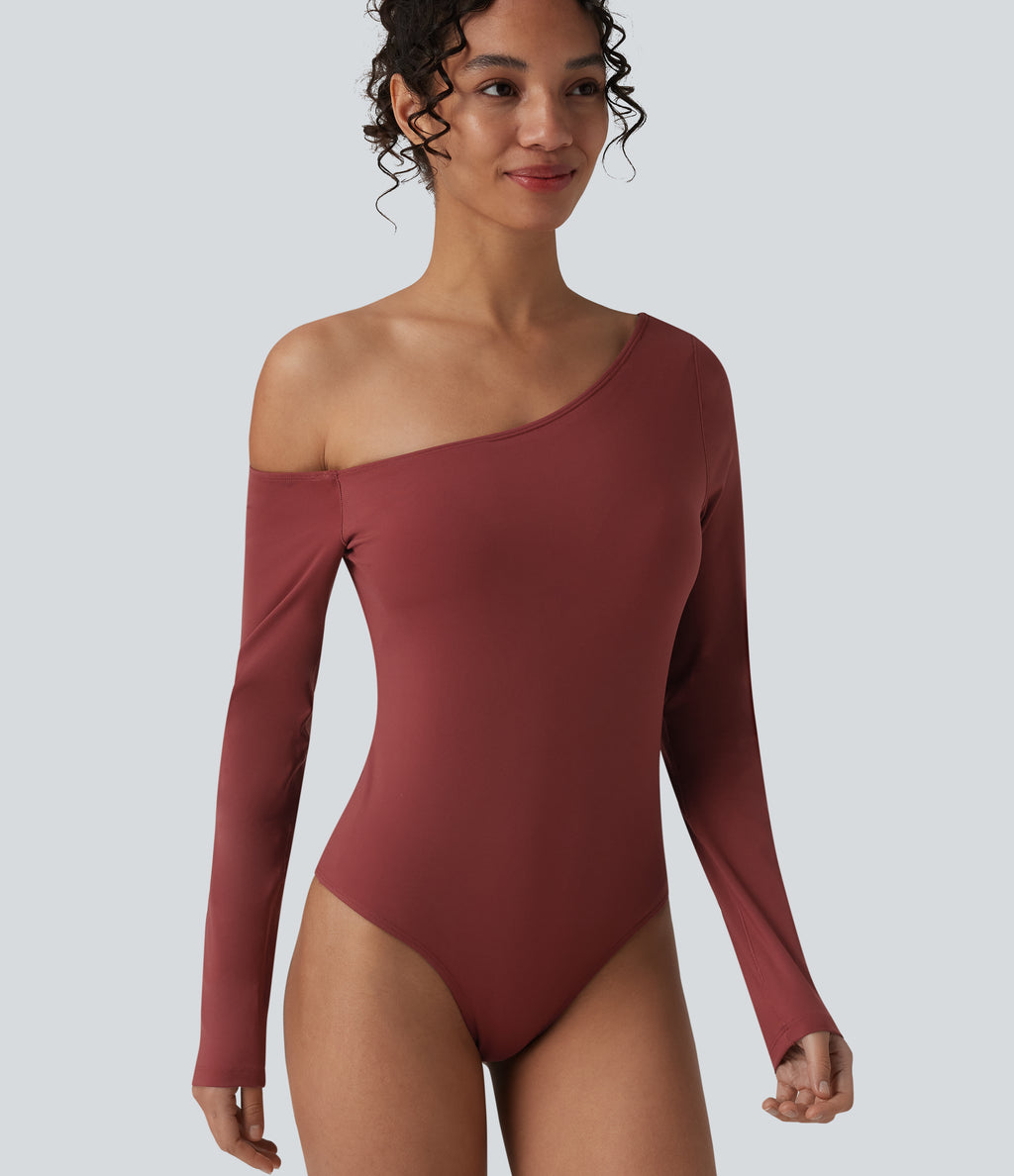 Airy One Shoulder Long Sleeve Built-in Bra InstantCool Casual Bodysuit — Madder Brown — view 4