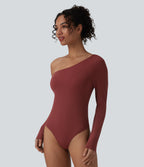 Airy One Shoulder Long Sleeve Built-in Bra InstantCool Casual Bodysuit — Madder Brown — view 3