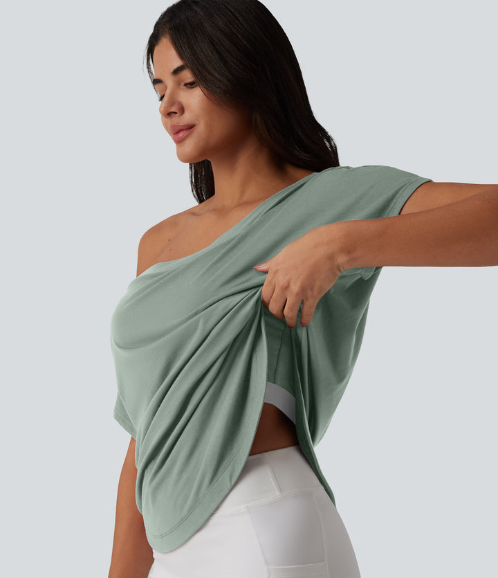 One Shoulder Short Sleeve Curved Hem High Low Quick Dry Yoga Sports Top-Built-in Bra — Iceberg Green — view 1
