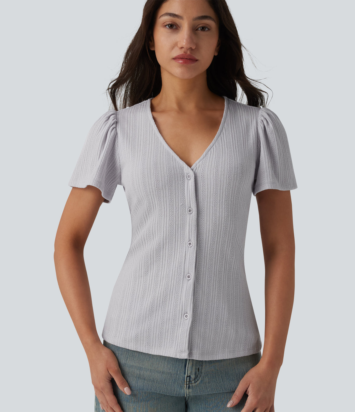 V Neck Short Sleeve Casual Top — Antarctica — view 1