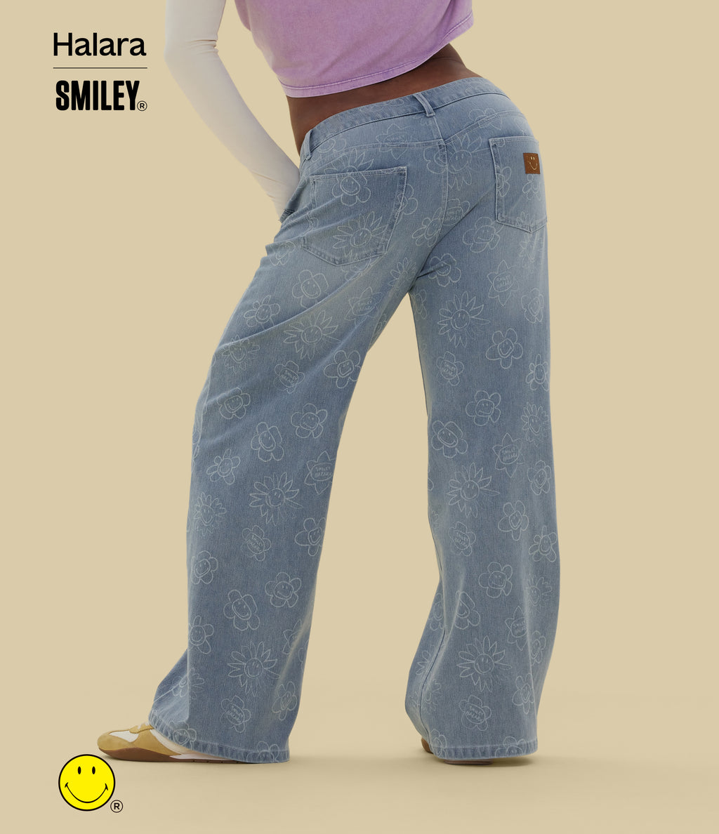 Asymmetric Low Rise Baggy Wide Leg Washed Casual Jeans with Pockets — Smiley Flower - Extra Light Blue — view 2