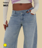 Asymmetric Low Rise Baggy Wide Leg Washed Casual Jeans with Pockets — Smiley Flower - Extra Light Blue — view 5
