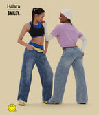 Asymmetric Low Rise Baggy Wide Leg Washed Casual Jeans with Pockets — Smiley Flower - Extra Light Blue — view 8