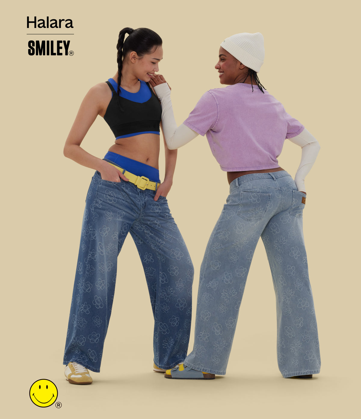 Asymmetric Low Rise Baggy Wide Leg Washed Casual Jeans with Pockets — Smiley Flower - Extra Light Blue — view 8