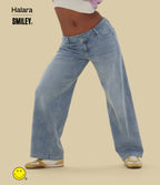 Asymmetric Low Rise Baggy Wide Leg Washed Casual Jeans with Pockets — Smiley Flower - Extra Light Blue — view 3