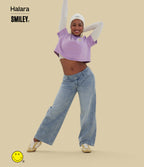 Asymmetric Low Rise Baggy Wide Leg Washed Casual Jeans with Pockets — Smiley Flower - Extra Light Blue — view 7