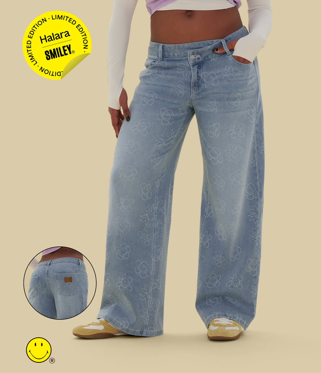 Asymmetric Low Rise Baggy Wide Leg Washed Casual Jeans with Pockets — Smiley Flower - Extra Light Blue — view 1