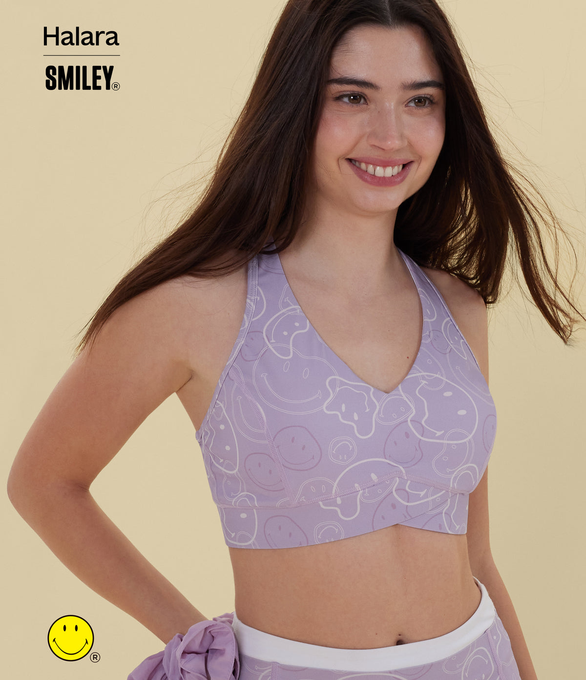 Medium Support V Neck Racerback Training Sports Bra — Lavender Sketch Smiles — view 2