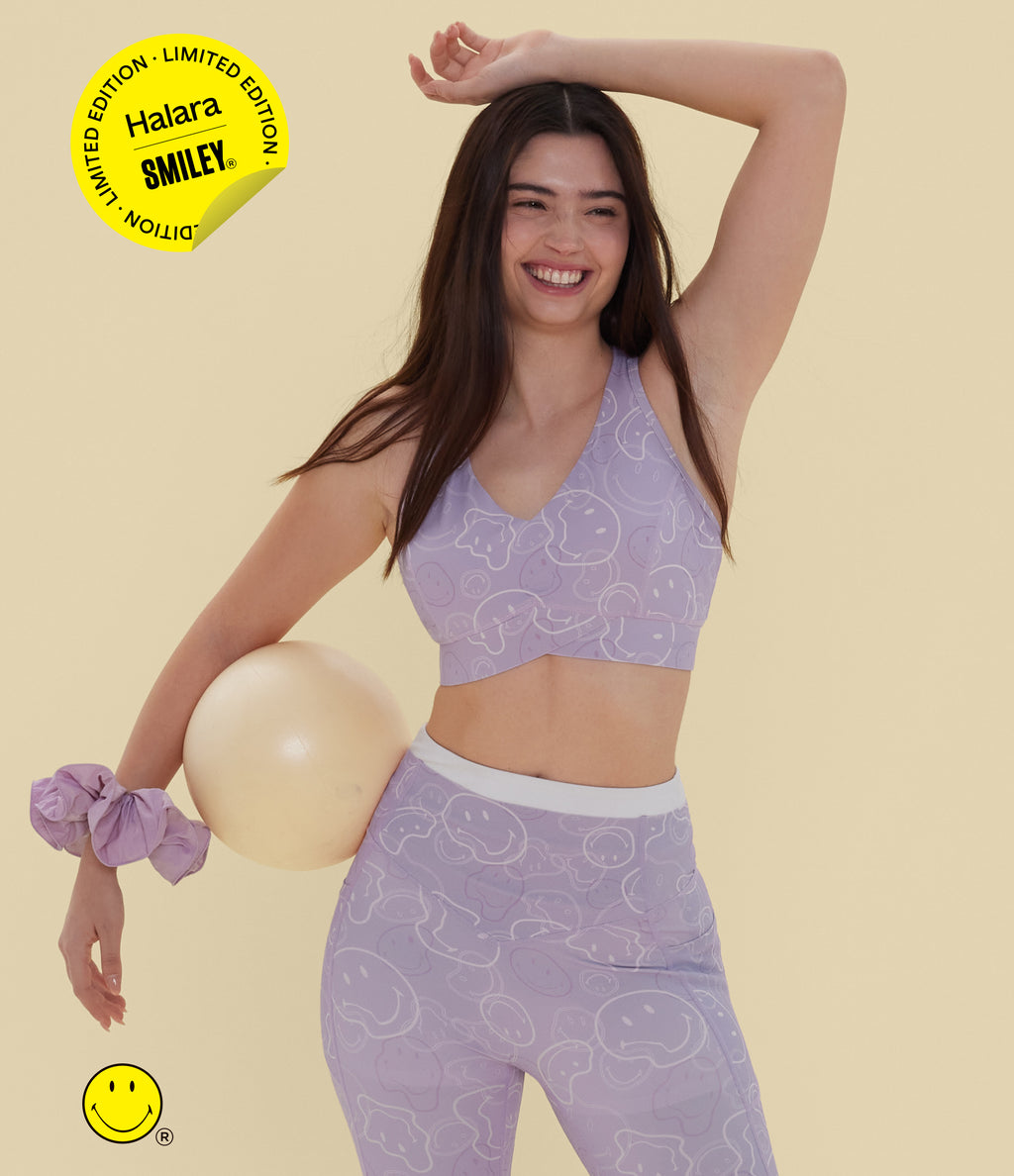 Medium Support V Neck Racerback Training Sports Bra — Lavender Sketch Smiles — view 1
