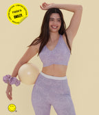 Medium Support V Neck Racerback Training Sports Bra — Lavender Sketch Smiles — view 1