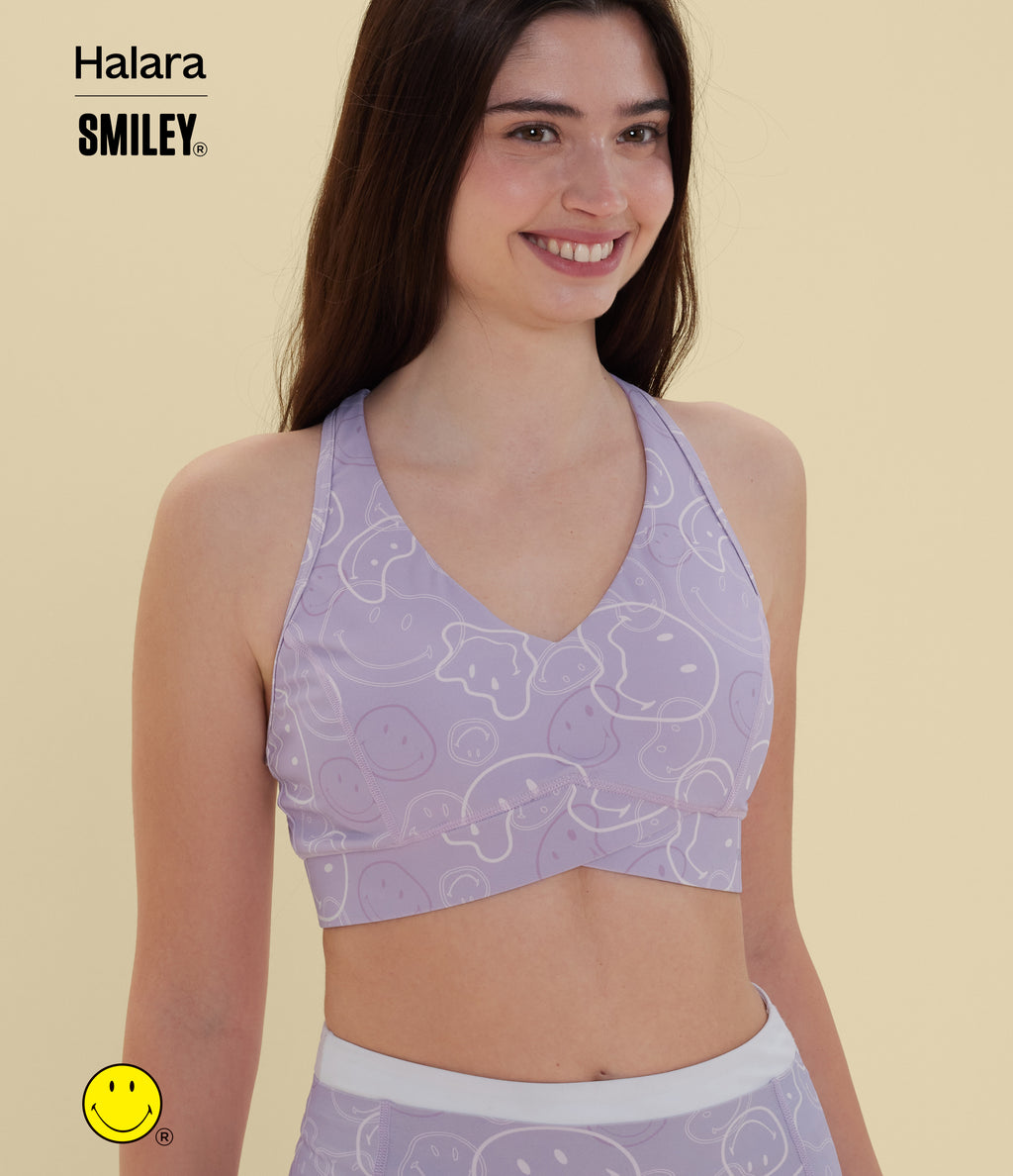 Medium Support V Neck Racerback Training Sports Bra — Lavender Sketch Smiles — view 3