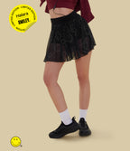 High Waisted Drawstring Contrast Mesh 2-in-1 Flowy Mini Flare Dance Skirt with Pockets — Clouded Smiles — view 1