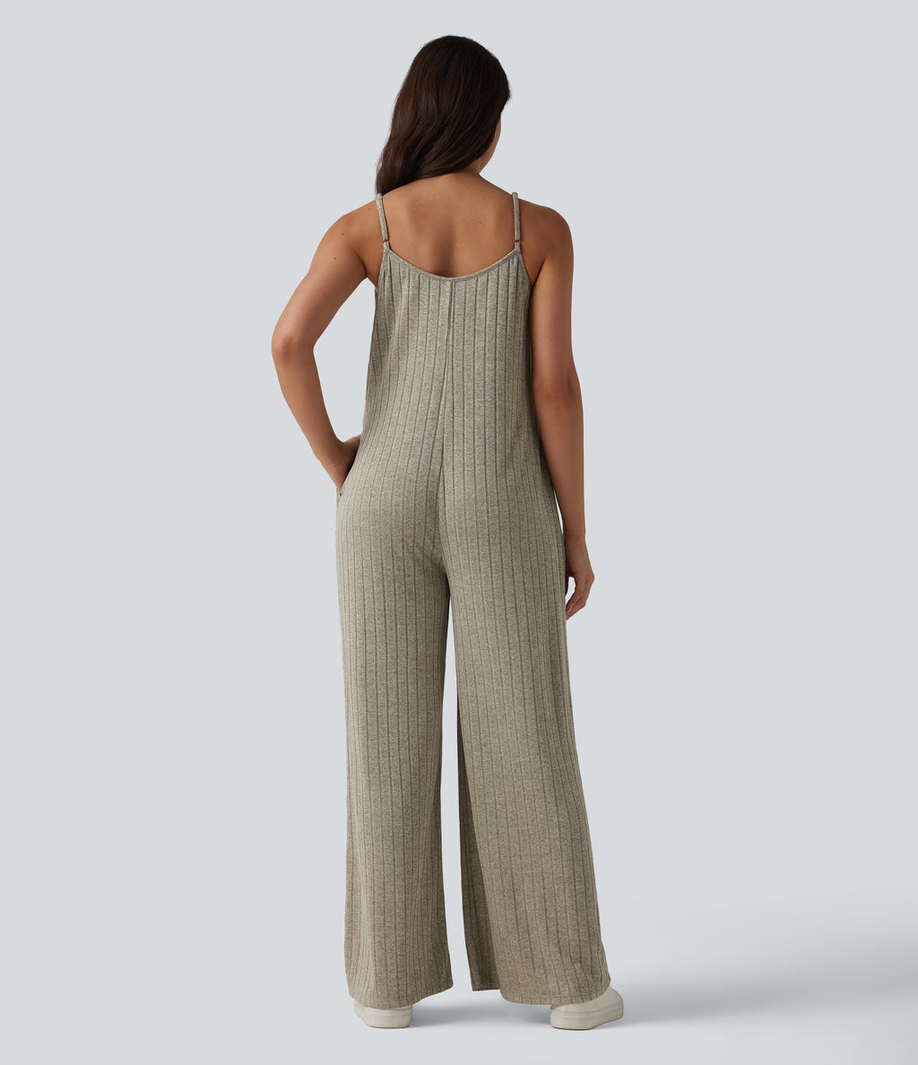 Ribbed Knit V Neck Casual Slip Jumpsuit with Pockets — Eucalyptus — view 2