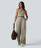 Ribbed Knit V Neck Casual Slip Jumpsuit with Pockets — Eucalyptus — view 6