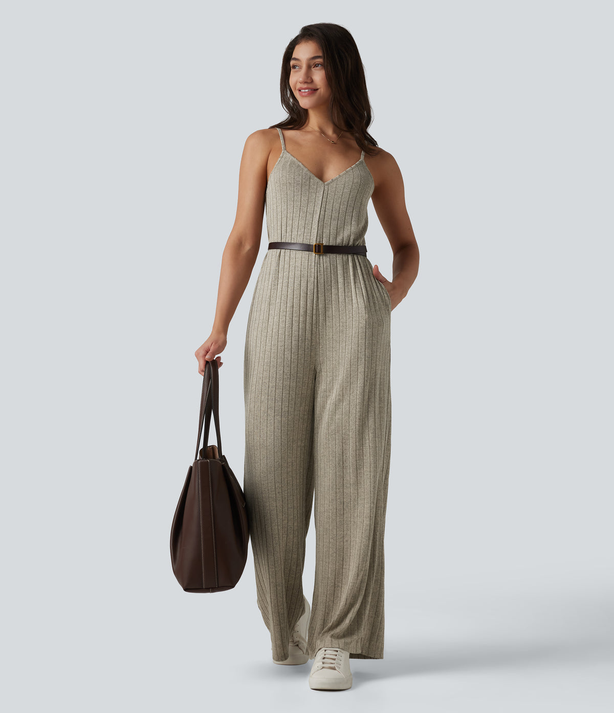 Ribbed Knit V Neck Casual Slip Jumpsuit with Pockets — Eucalyptus — view 6