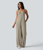 Ribbed Knit V Neck Casual Slip Jumpsuit with Pockets — Eucalyptus — view 1