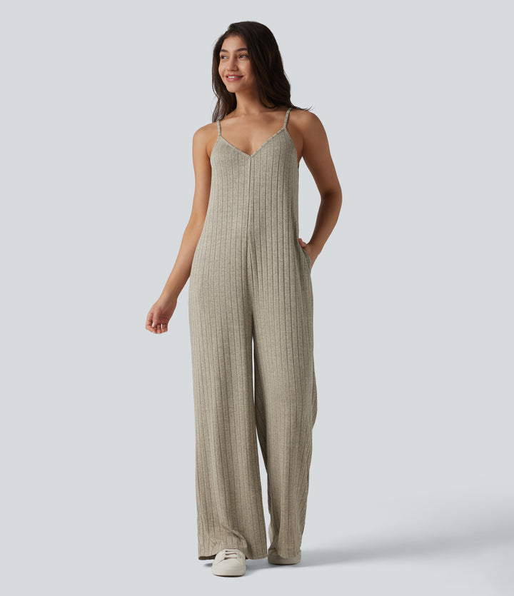 Ribbed Knit V Neck Casual Slip Jumpsuit with Pockets — Eucalyptus — view 1