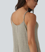 Ribbed Knit V Neck Casual Slip Jumpsuit with Pockets — Eucalyptus — view 5