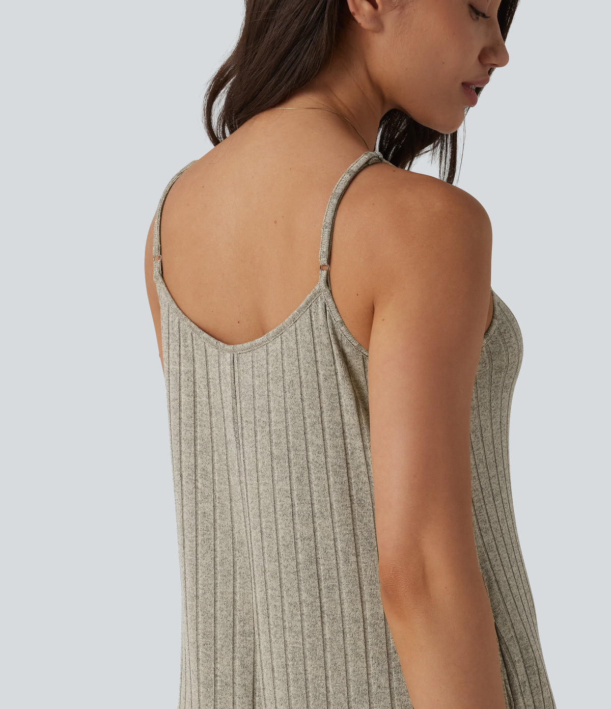 Ribbed Knit V Neck Casual Slip Jumpsuit with Pockets — Eucalyptus — view 5