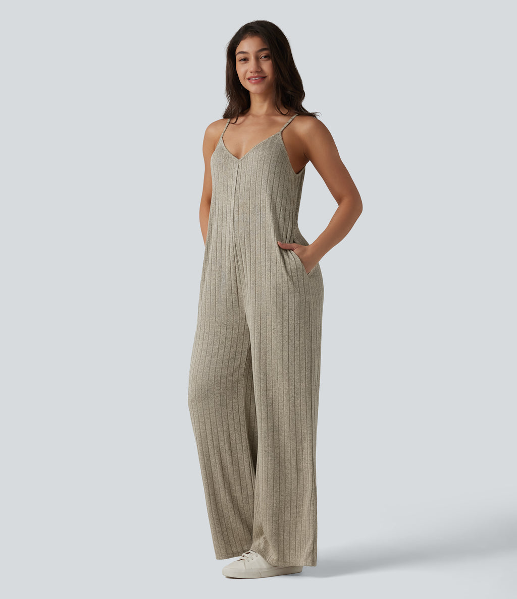 Ribbed Knit V Neck Casual Slip Jumpsuit with Pockets — Eucalyptus — view 3