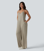 Ribbed Knit V Neck Casual Slip Jumpsuit with Pockets — Eucalyptus — view 3