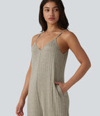 Ribbed Knit V Neck Casual Slip Jumpsuit with Pockets — Eucalyptus — view 4