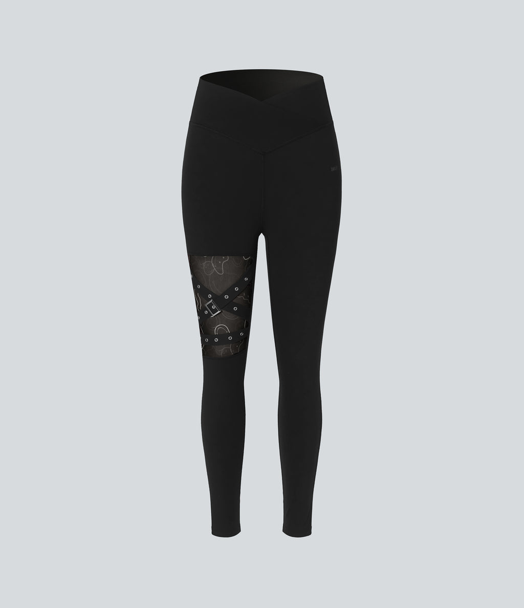 High Waisted Crossover Contrast Mesh Decorative Buckle Yoga Leggings — Black — view 6