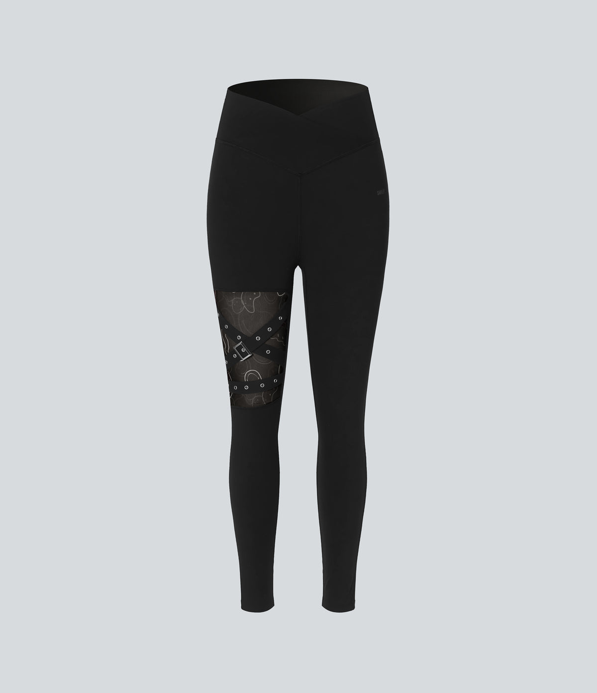 High Waisted Crossover Contrast Mesh Decorative Buckle Yoga Leggings — Black — view 6