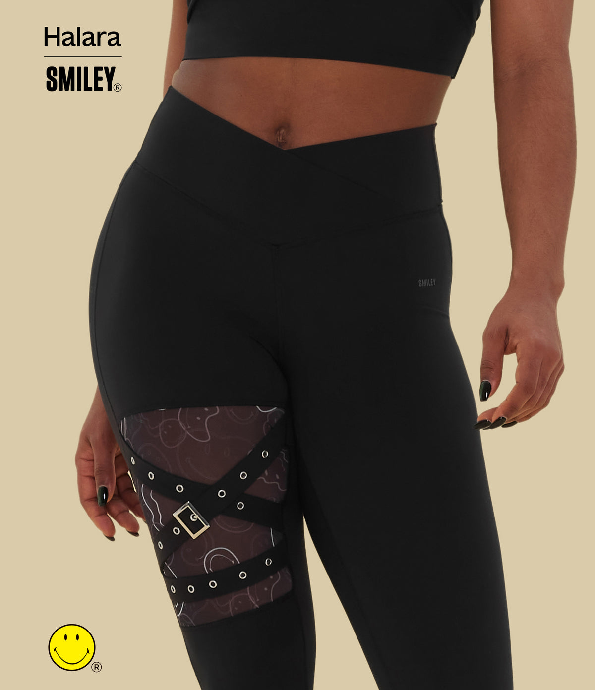High Waisted Crossover Contrast Mesh Decorative Buckle Yoga Leggings — Black — view 3