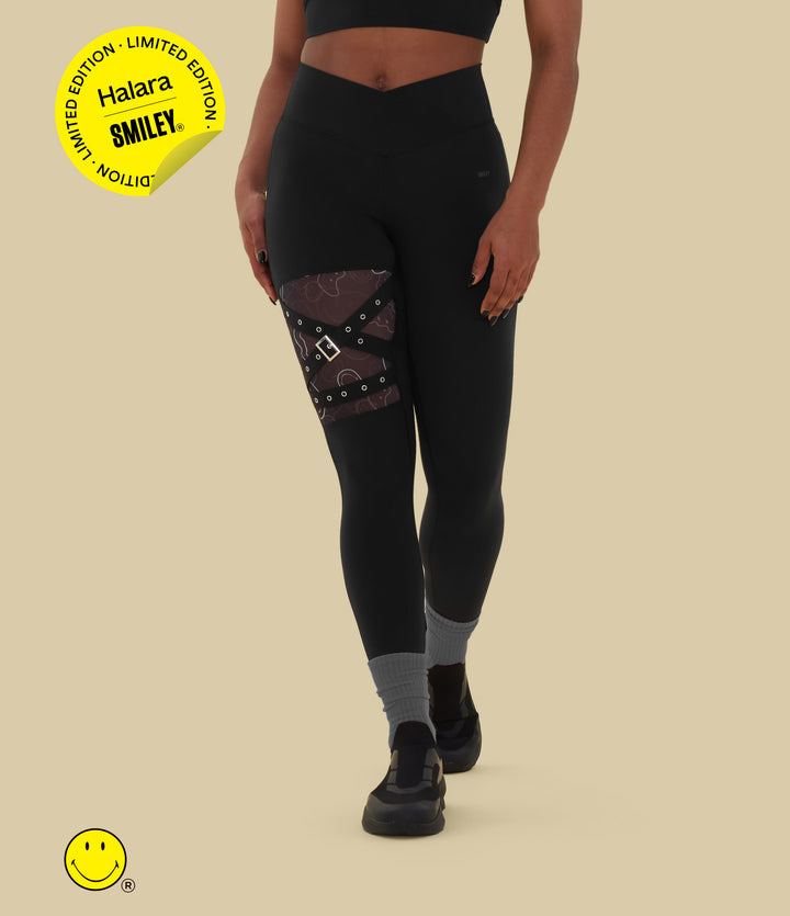 High Waisted Crossover Contrast Mesh Decorative Buckle Yoga Leggings — Black — view 1
