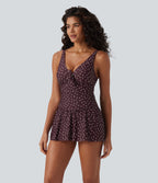 V Neck Push-Up Tie Front Tummy Control 2-in-1 Polka Dot One-Piece Swimsuit — Cafe Dot — view 3