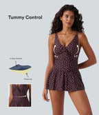 V Neck Push-Up Tie Front Tummy Control 2-in-1 Polka Dot One-Piece Swimsuit — Cafe Dot — view 1