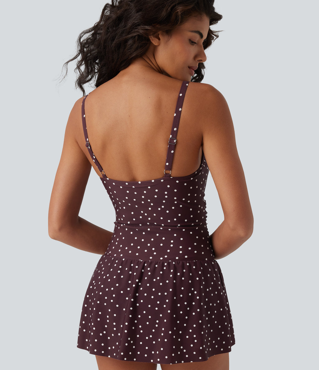 V Neck Push-Up Tie Front Tummy Control 2-in-1 Polka Dot One-Piece Swimsuit — Cafe Dot — view 5