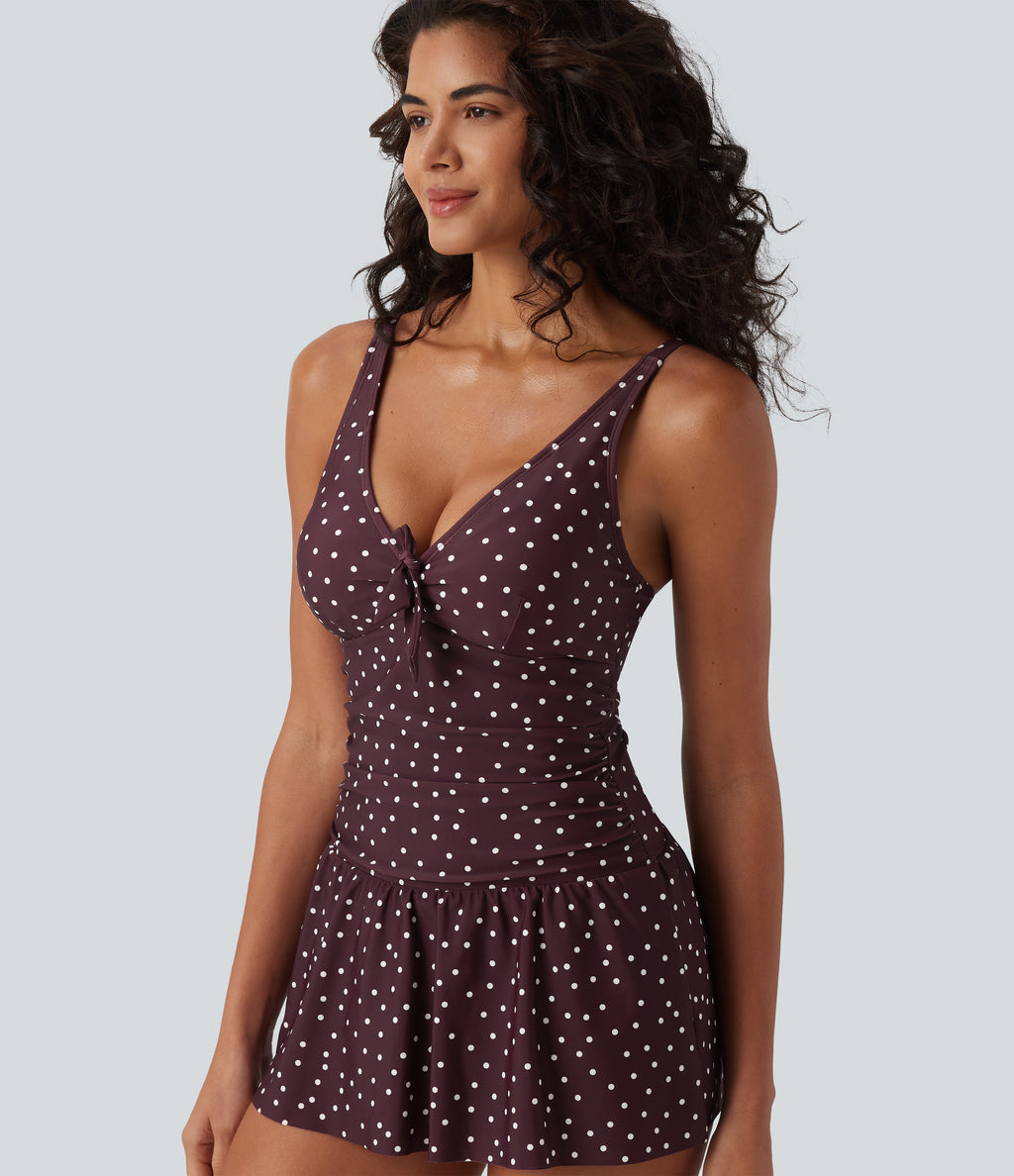 V Neck Push-Up Tie Front Tummy Control 2-in-1 Polka Dot One-Piece Swimsuit — Cafe Dot — view 6