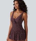 V Neck Push-Up Tie Front Tummy Control 2-in-1 Polka Dot One-Piece Swimsuit — Cafe Dot — view 6