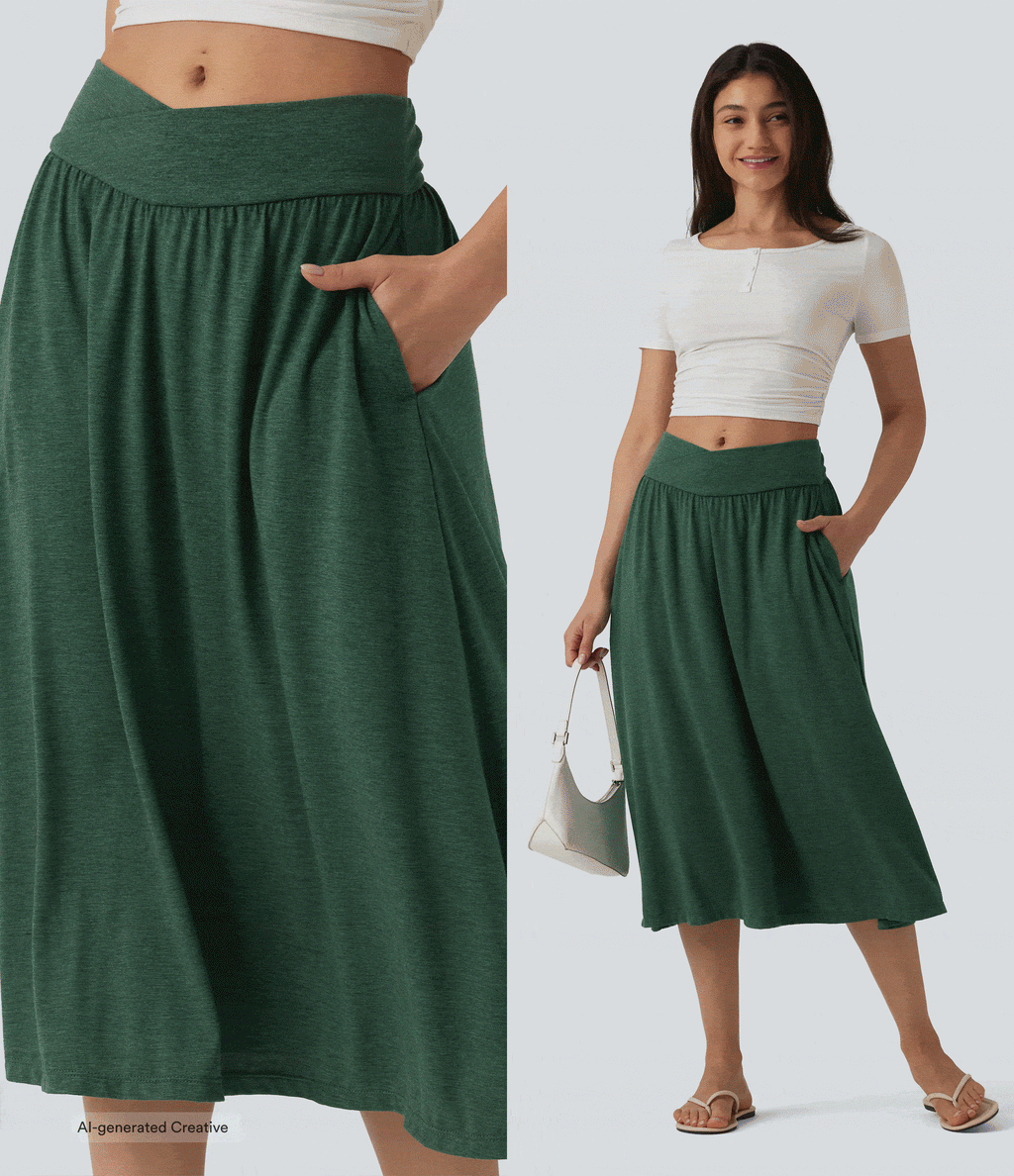 High Waisted Crossover Flowy Midi Casual Skirt with Pockets — Emerald Floral Yarn — view 2