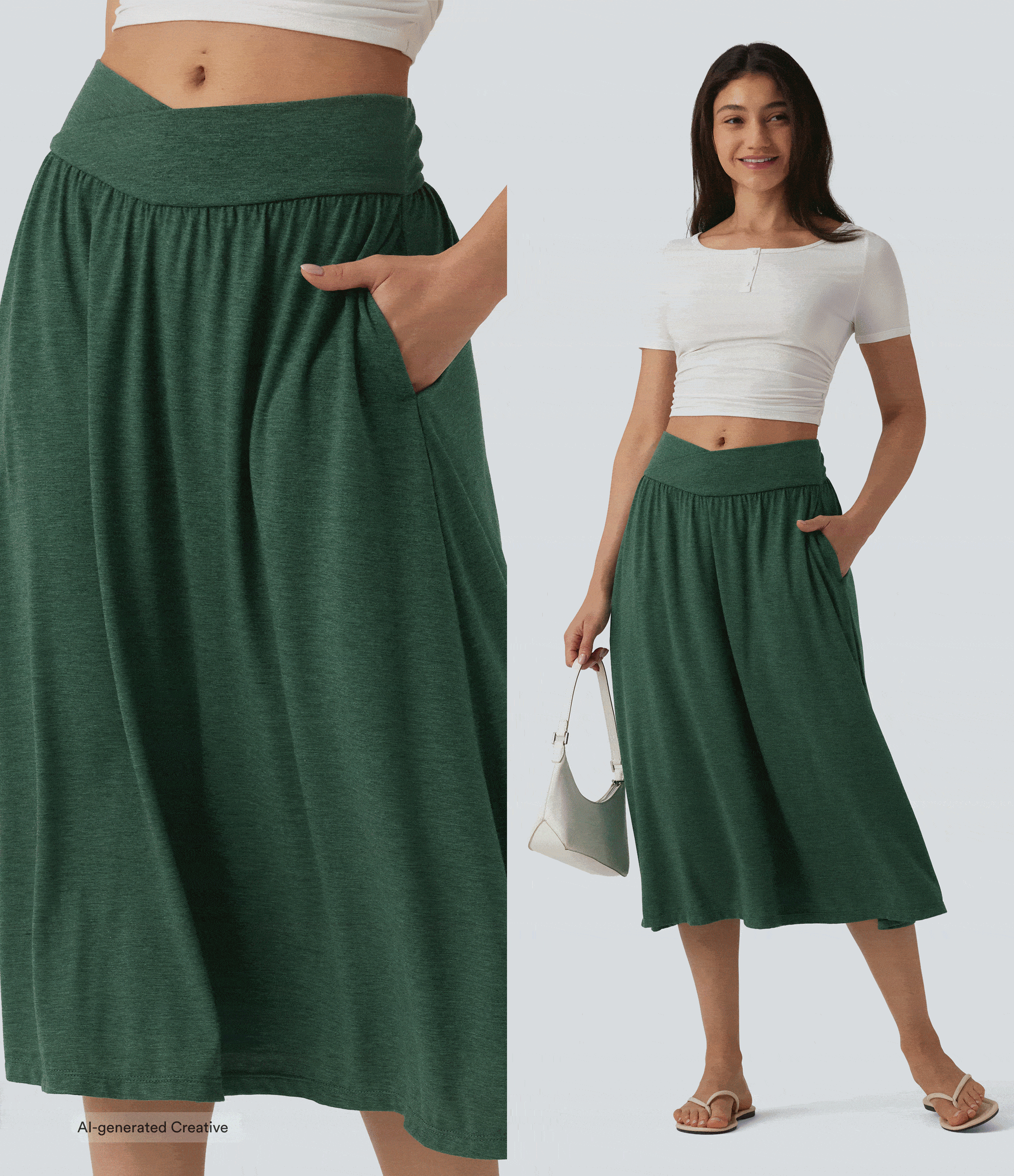 High Waisted Crossover Flowy Midi Casual Skirt with Pockets — Emerald Floral Yarn — view 2