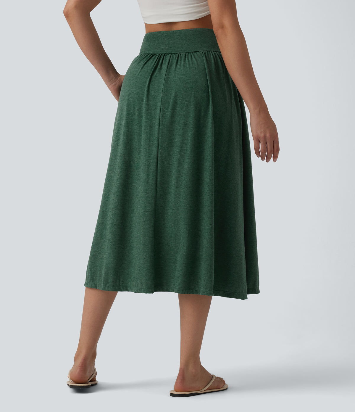 High Waisted Crossover Flowy Midi Casual Skirt with Pockets — Emerald Floral Yarn — view 3