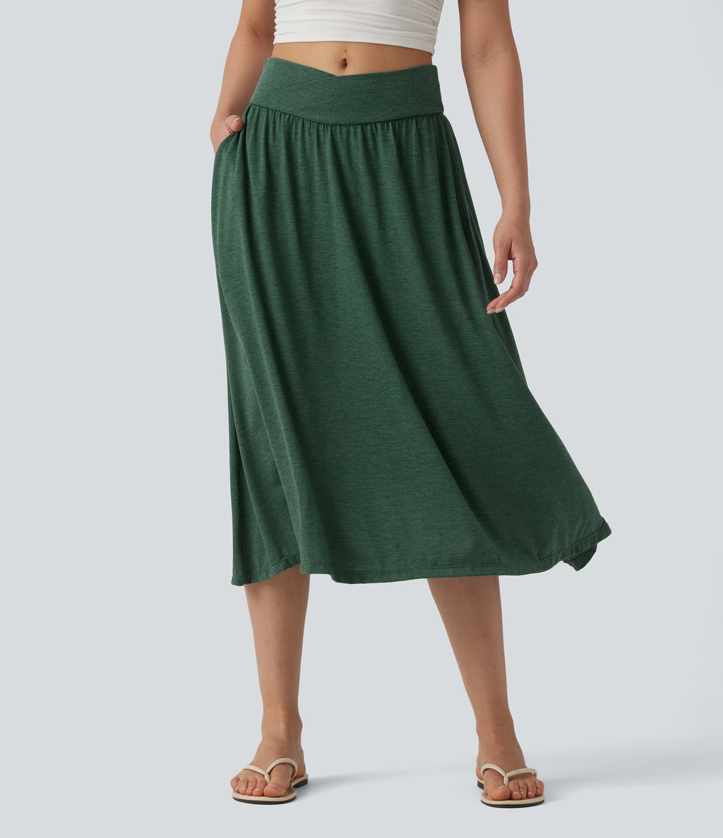 High Waisted Crossover Flowy Midi Casual Skirt with Pockets — Emerald Floral Yarn — view 1