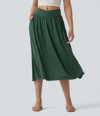 High Waisted Crossover Flowy Midi Casual Skirt with Pockets — Emerald Floral Yarn — view 1
