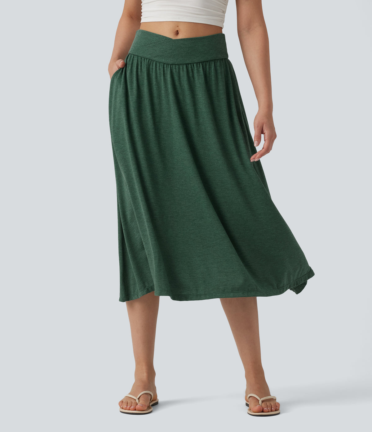 High Waisted Crossover Flowy Midi Casual Skirt with Pockets — Emerald Floral Yarn — view 1