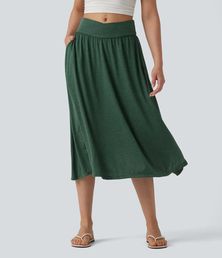 High Waisted Crossover Flowy Midi Casual Skirt with Pockets — Emerald Floral Yarn — view 1